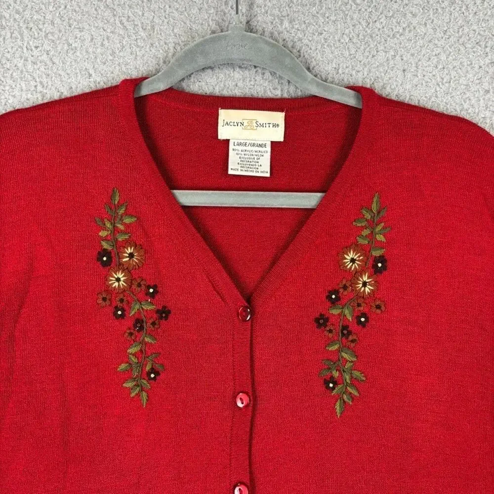 Vtg Embroidered Cardigan Sweater Lg Red Boho Cottage Country Grandma Lightweight